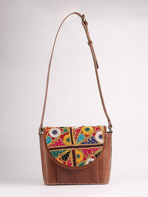 Kutchi-Embroidery-Sling-Bag-Metallic-Golden-Brown