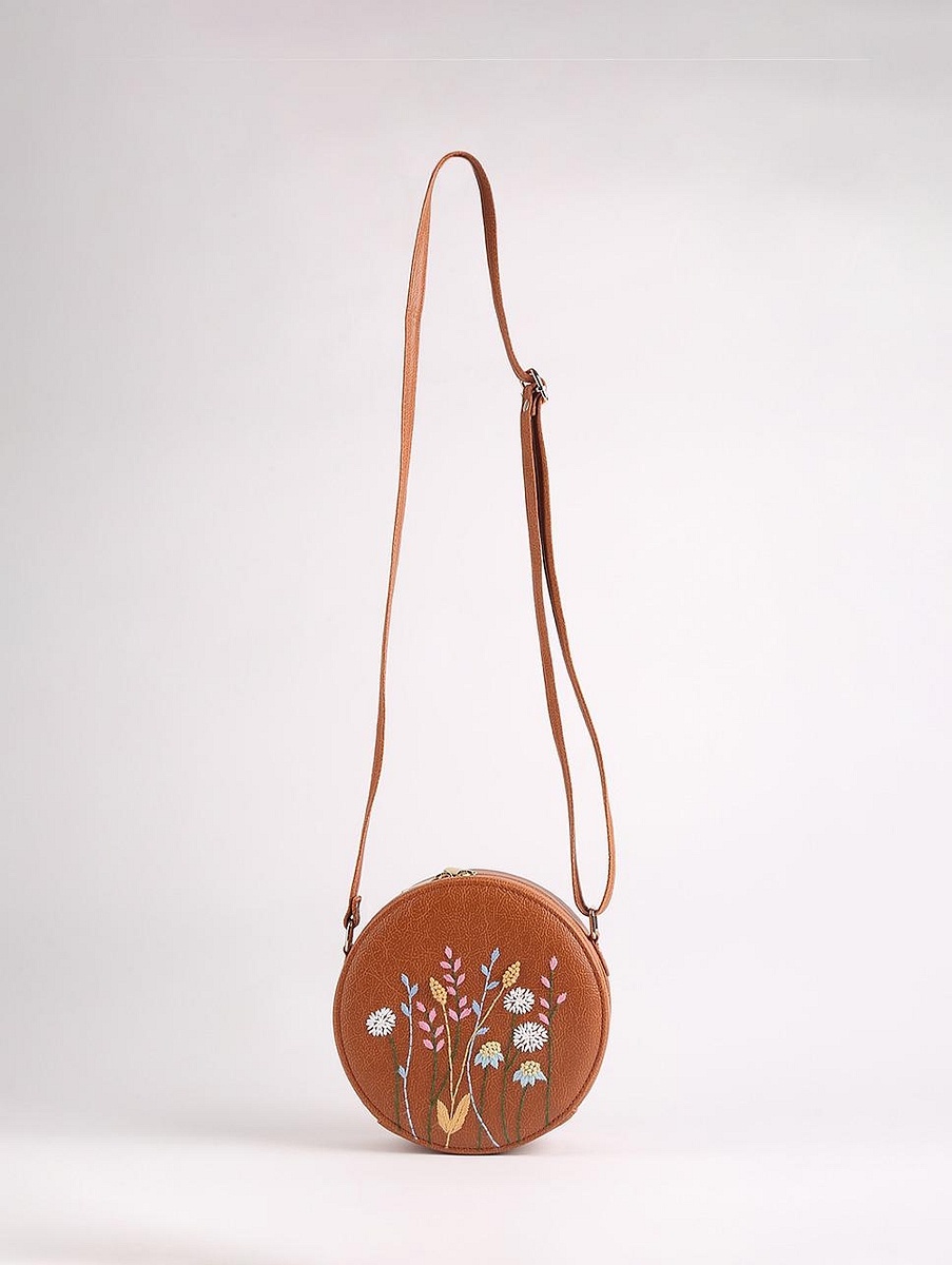 Hand-Embroidered-Vegan-Leather-Round-Sling-Bag
