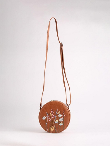 Hand Embroidered Leafy Affair Round Sling Bag Metallic Light Brown