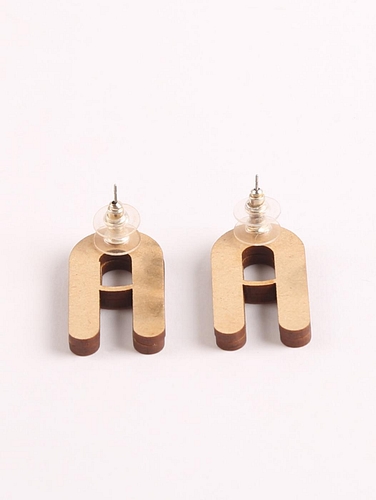 Fabric and Repurposed Wood Earring with Glass Beads Metallic Straw Beige