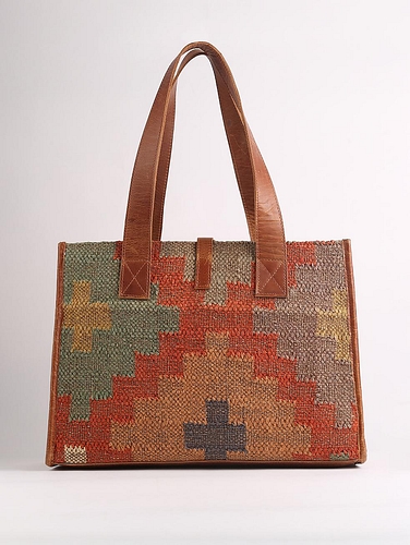 Leather Tote Bag with Rug Patch Metallic Golden Brown