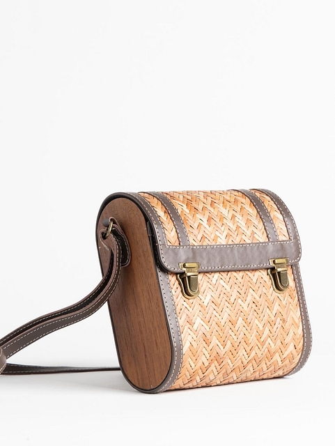 Woven & Leather Structured Shoulder Bag Matte Brown