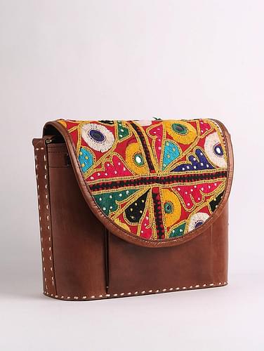 Kutchi-Embroidery-Sling-Bag-Metallic-Golden-Brown