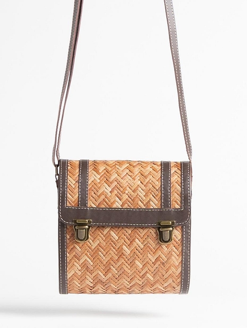 Woven & Leather Structured Shoulder Bag Matte Brown