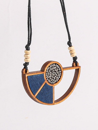 Geometrical Repurposed Fabric & Repurposed Wood Adjustable Pendant Blue