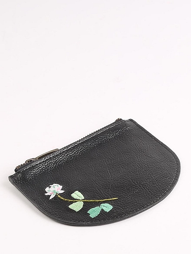 Black Hand Embroidered White Lily Mini Wallet Matte Black