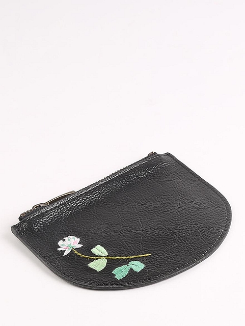 Black Hand Embroidered White Lily Mini Wallet Matte Black
