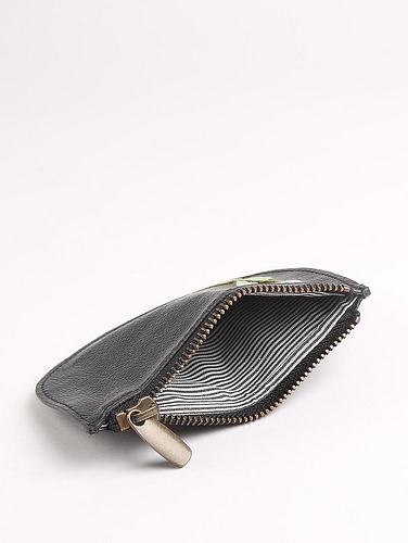 Black Hand Embroidered White Lily Mini Wallet Matte Black