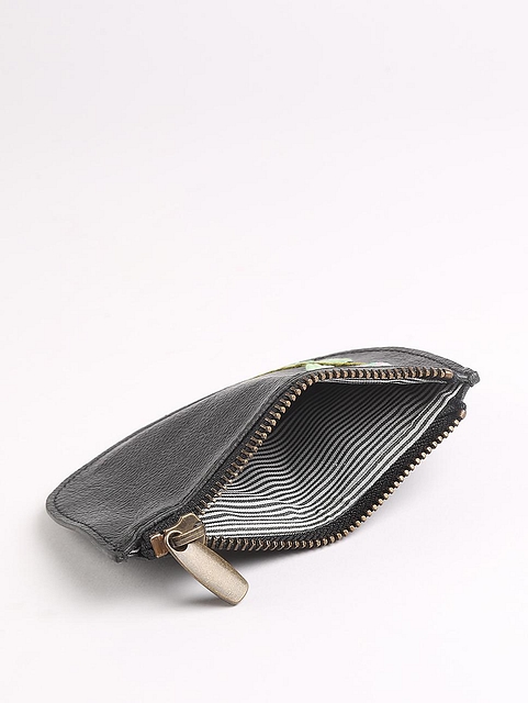 Black Hand Embroidered White Lily Mini Wallet Matte Black