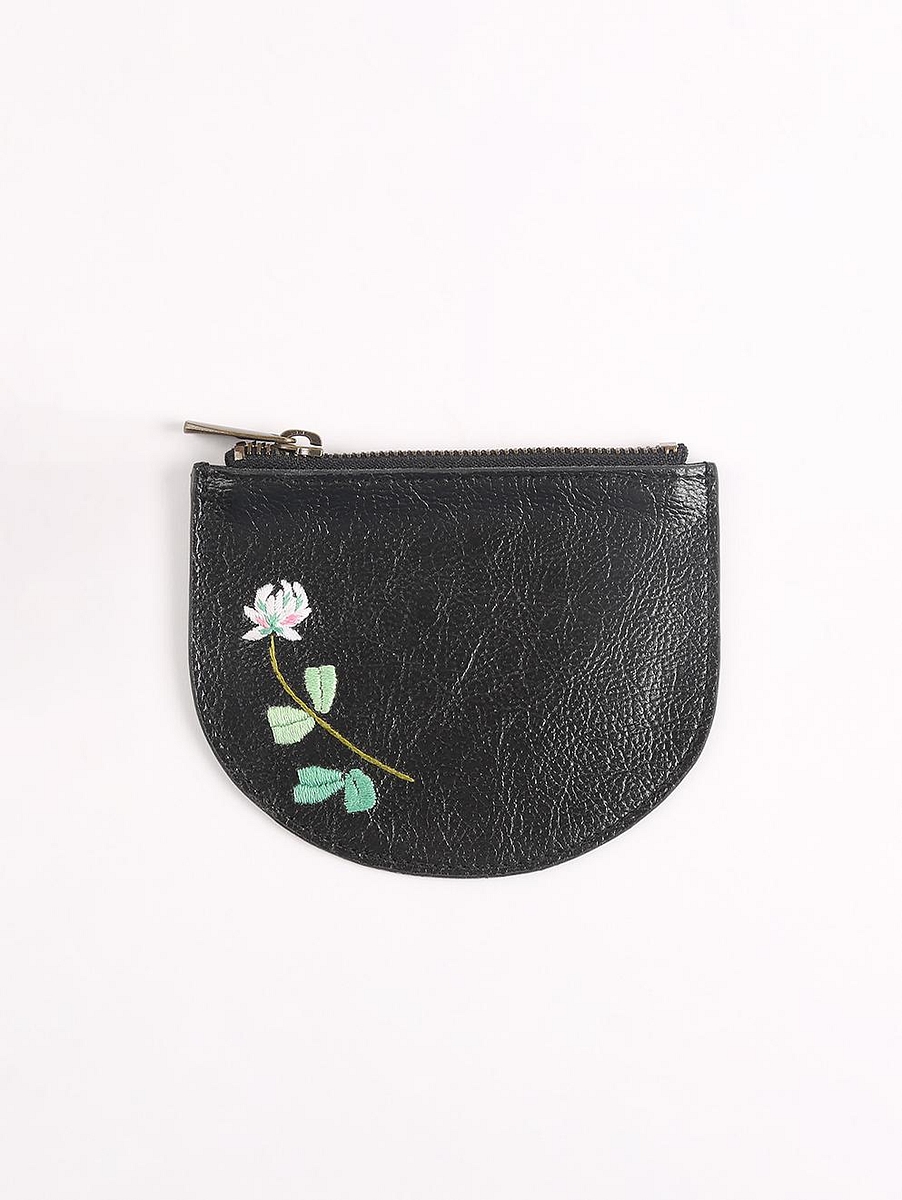Black Hand Embroidered White Lily Mini Wallet Matte Black