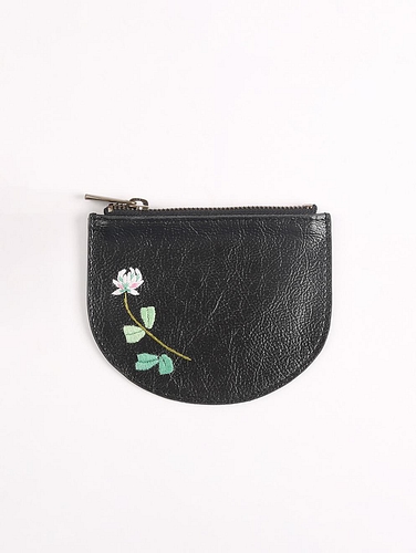 Black Hand Embroidered White Lily Mini Wallet Matte Black