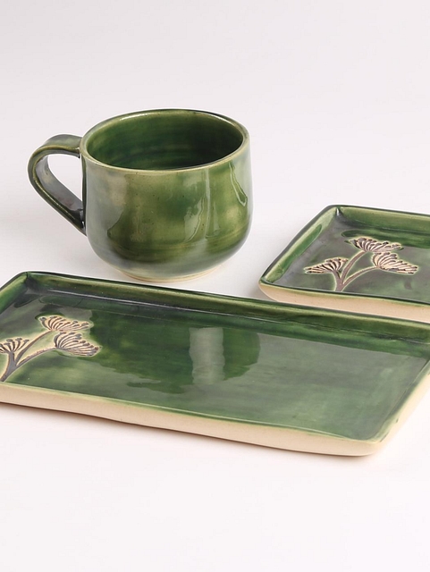 Ceramic Snack Set Metallic Olive Green