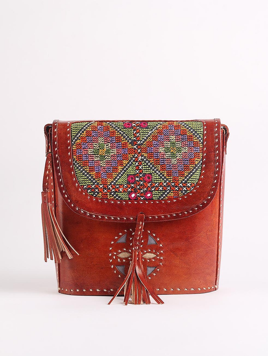 Embroidered Leather Sling Bag 