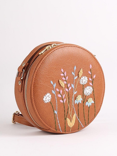 Hand Embroidered Leafy Affair Round Sling Bag Metallic Light Brown