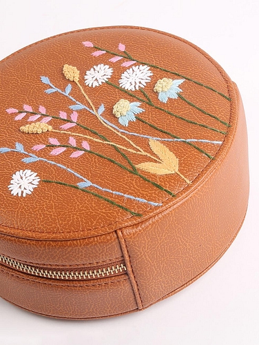 Hand Embroidered Leafy Affair Round Sling Bag Metallic Light Brown