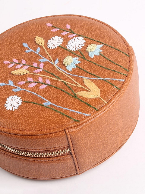 Hand Embroidered Leafy Affair Round Sling Bag Metallic Light Brown