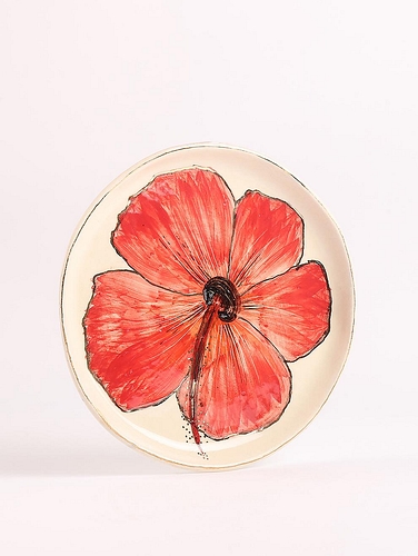 Handpainted Decorative Hibiscus Plate Metallic Cream