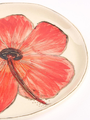 Handpainted Decorative Hibiscus Plate Metallic Cream