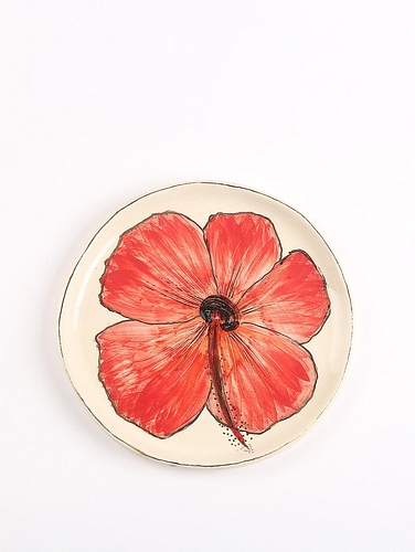 Handpainted Decorative Hibiscus Plate Metallic Cream
