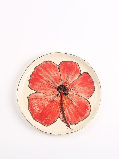 Handpainted Decorative Hibiscus Plate Metallic Cream
