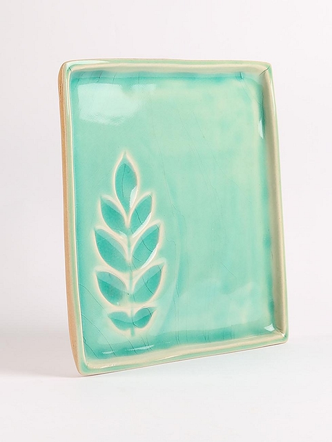 Leaf Motif Glossy Square Plate Util Sea Foam Blue