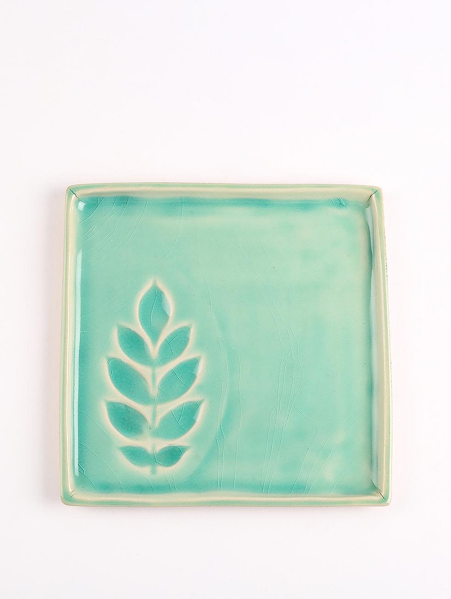 Leaf Motif Glossy Square Plate Util Sea Foam Blue