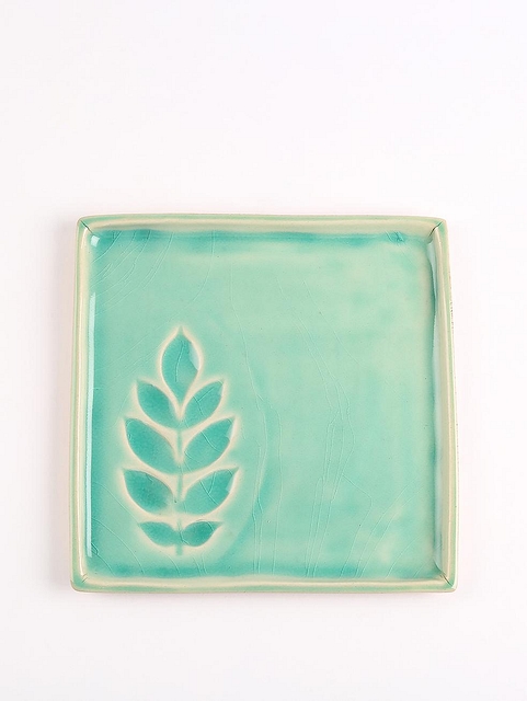 Leaf Motif Glossy Square Plate Util Sea Foam Blue