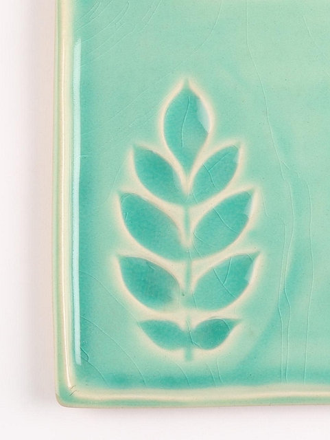 Leaf Motif Glossy Square Plate Util Sea Foam Blue