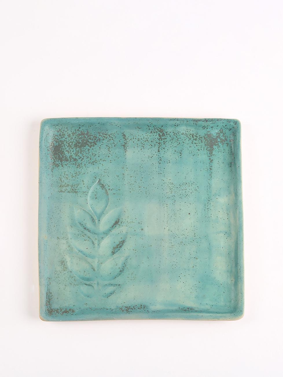 Leaf Motif Matte Square Plate Util Sea Foam Blue