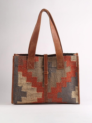 Leather Tote Bag with Rug Patch Metallic Golden Brown