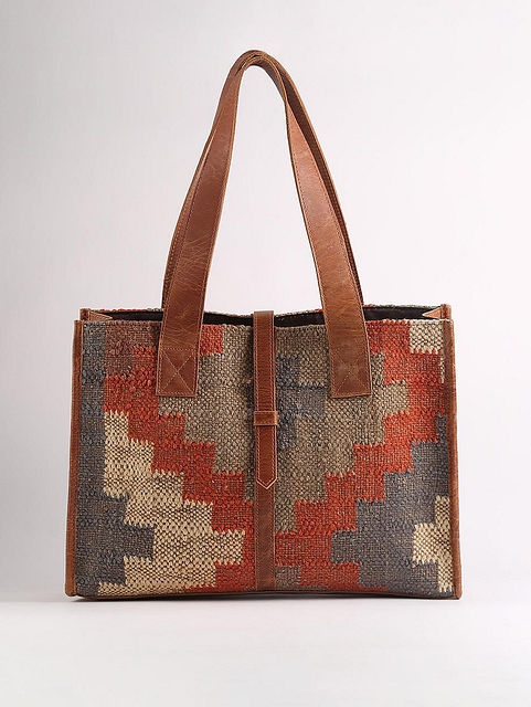 Leather Tote Bag with Rug Patch Metallic Golden Brown