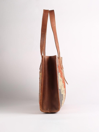 Leather Tote Bag with Rug Patch Metallic Golden Brown