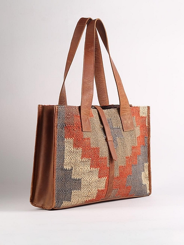 Leather Tote Bag with Rug Patch Metallic Golden Brown