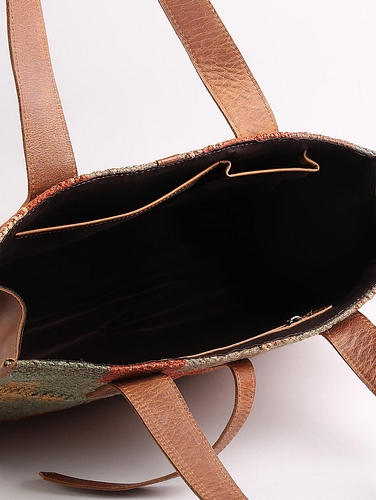Leather Tote Bag with Rug Patch Metallic Golden Brown