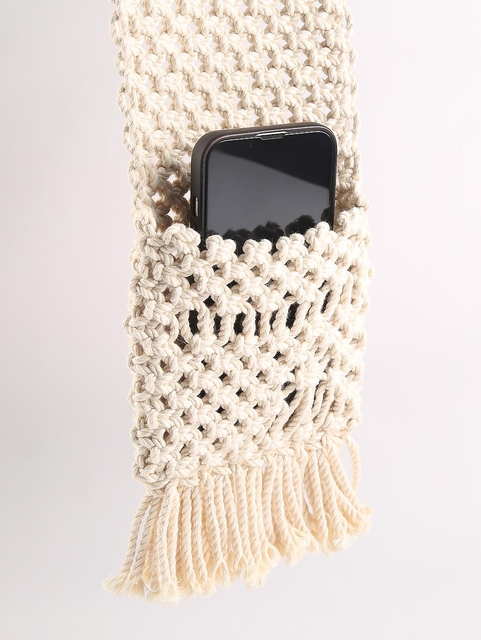 Macrame Scarf for Cellphone on Couch Metallic Pueblo Beige