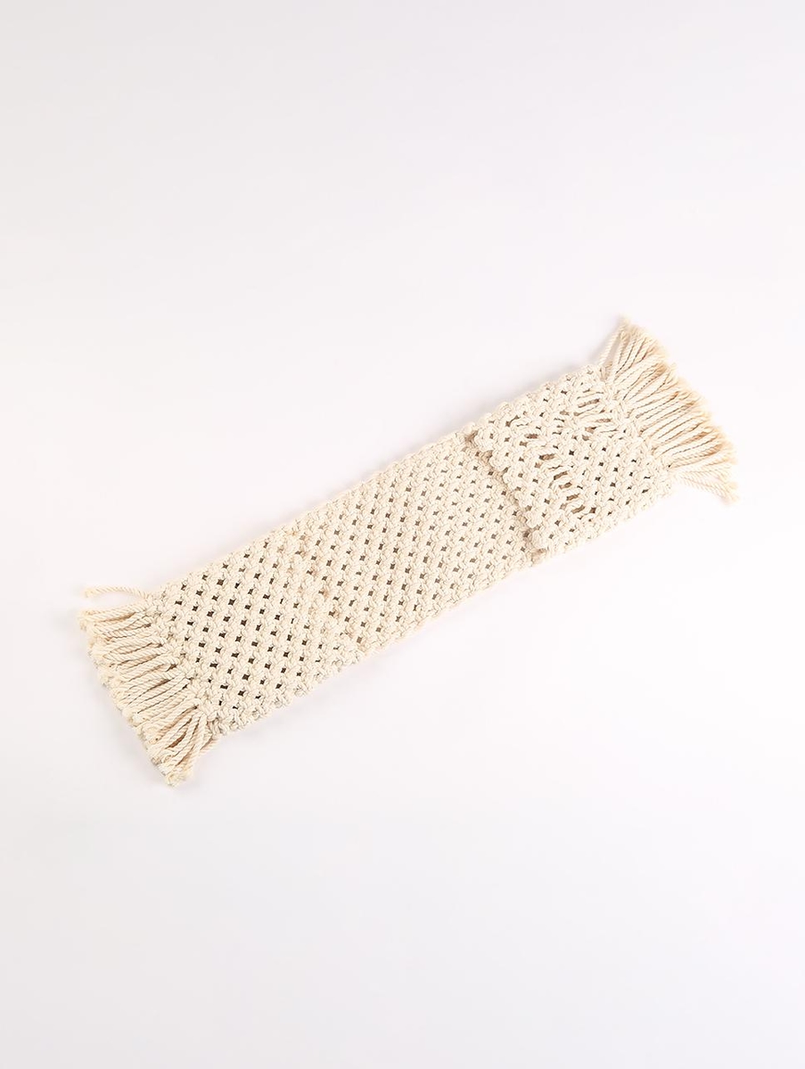 Macrame Scarf for Cellphone on Couch Metallic Pueblo Beige