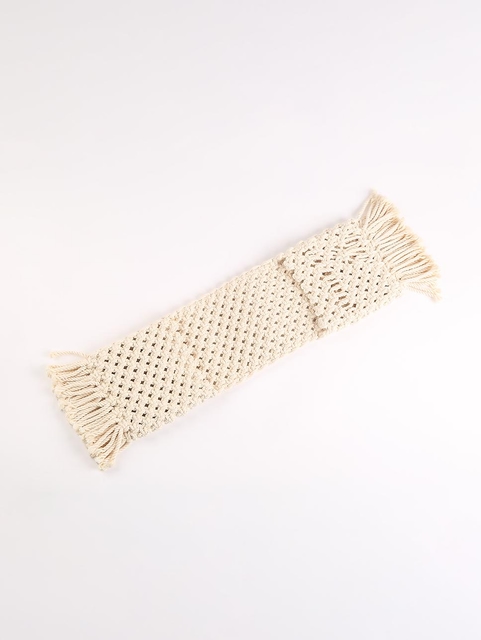 Macrame Scarf for Cellphone on Couch Metallic Pueblo Beige