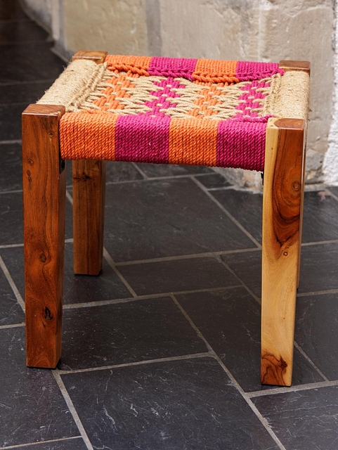 Textile Waste Wooden Stool Hot Pink
