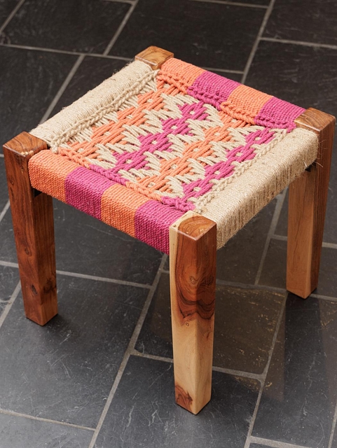 Textile Waste Wooden Stool Hot Pink
