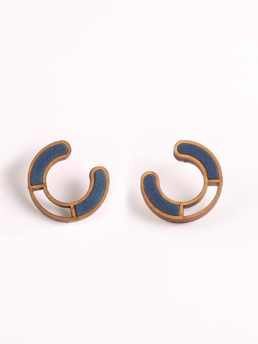 Upcycled Fabric and Repurposed Wood Earring Blue