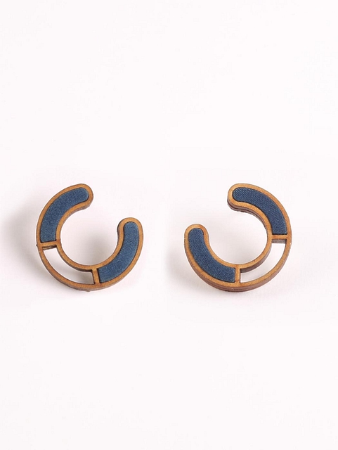 Upcycled Fabric and Repurposed Wood Earring Blue