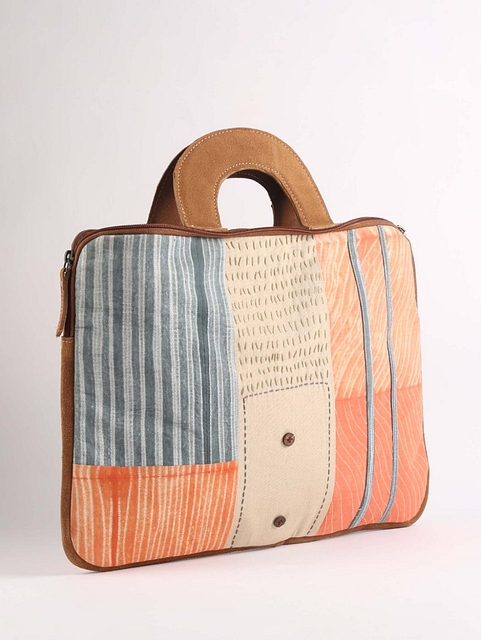 Upcycled Fabric Laptop Sleeve with Embroidered Details Worn Light Orange