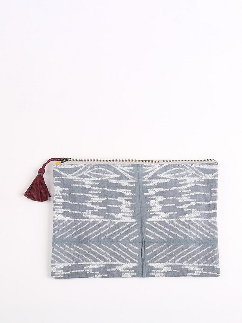 Upcycled Fabric Pouch with embroidered details -1 Worn Silver Grey