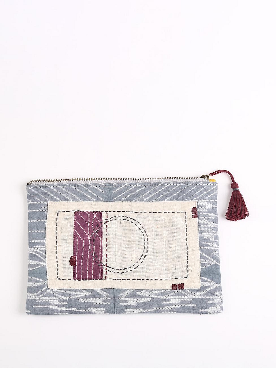 Upcycled Fabric Pouch with embroidered details -1 Worn Silver Grey