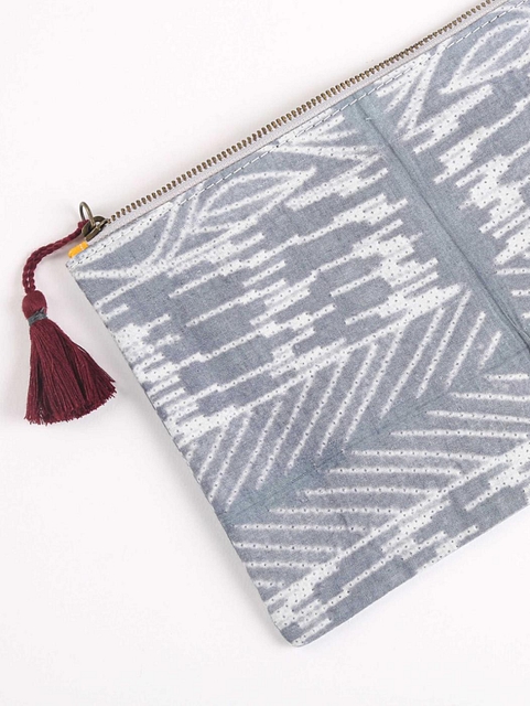 Upcycled Fabric Pouch with embroidered details -1 Worn Silver Grey