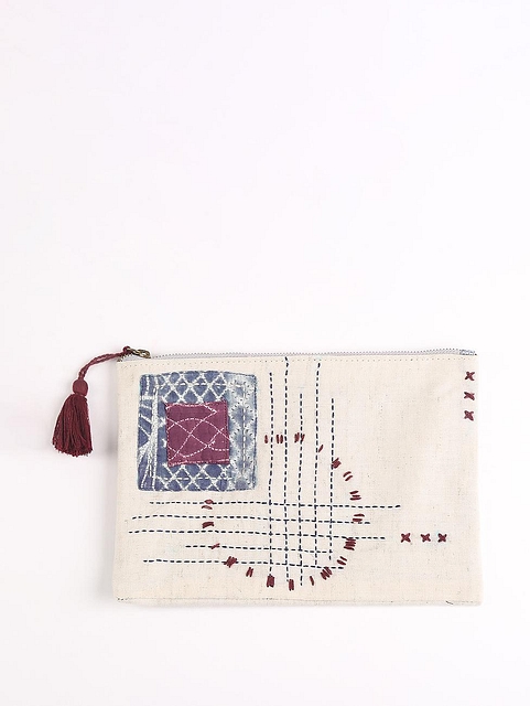 Upcycled Fabric Pouch with embroidered details -2 Metallic Cream