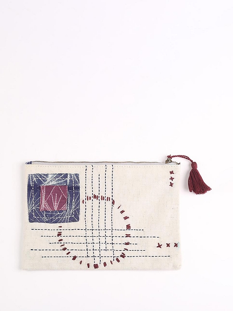 Upcycled Fabric Pouch with embroidered details -2 Metallic Cream