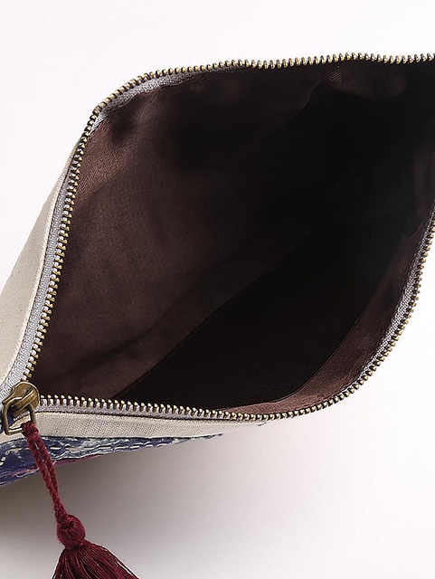 Upcycled Fabric Pouch with embroidered details -2 Metallic Cream