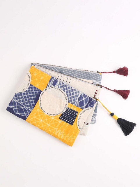 Upcycled Fabric Pouch with embroidered details -2 Metallic Cream