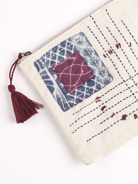Upcycled Fabric Pouch with embroidered details -2 Metallic Cream
